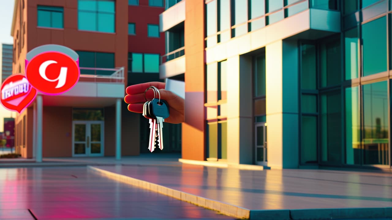  a split image showing a franchise owner with keys in hand on one side, and a corporate office building on the other, juxtaposing personal investment with corporate influence, surrounded by various franchise logos. hyperrealistic, full body, detailed clothing, highly detailed, cinematic lighting, stunningly beautiful, intricate, sharp focus, f/1. 8, 85mm, (centered image composition), (professionally color graded), ((bright soft diffused light)), volumetric fog, trending on instagram, trending on tumblr, HDR 4K, 8K