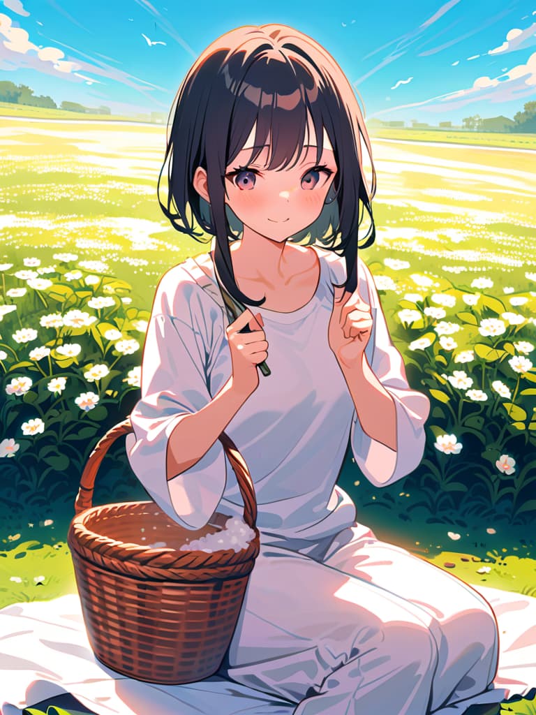  cute,peaceful,smiling,sunny,beautiful blue sky,beautiful clear soap bubbles,lots of soap bubbles flying in the air,field full of white clover,lots of white flowers,about 5 erflies flying,picnic,girl sitting on a leisure sheet,leisure sheet is blue and white. a girl,a warm atmosphere,a pleasant gentle breeze,a basket near the girl,her hair is long and straight,let it down,a white with loose sleeves and a pale emerald green ,the girl is very happy,she is wearing a white with a room in the sleeves and a pale emerald green ,she is very happy. the girl is very happy,