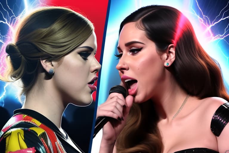  The cover for "Dramatic Music Battle Week" showcases a fierce showdown between two rival teams of iconic artists: Adele, Lana Del Rey, Taylor Swift, Cardi B, and Nicki Minaj on one side, facing off against Justin Bieber, Post Malone, The Weeknd, and Harry Styles on the other. Lightning bolts and sound waves explode between them in a burst of color and energy, capturing the intensity of the musical clash. The bold title "Dramatic Music Battle Week" crowns the scene, hinting at an epic, unforgettable battle of styles and sounds.