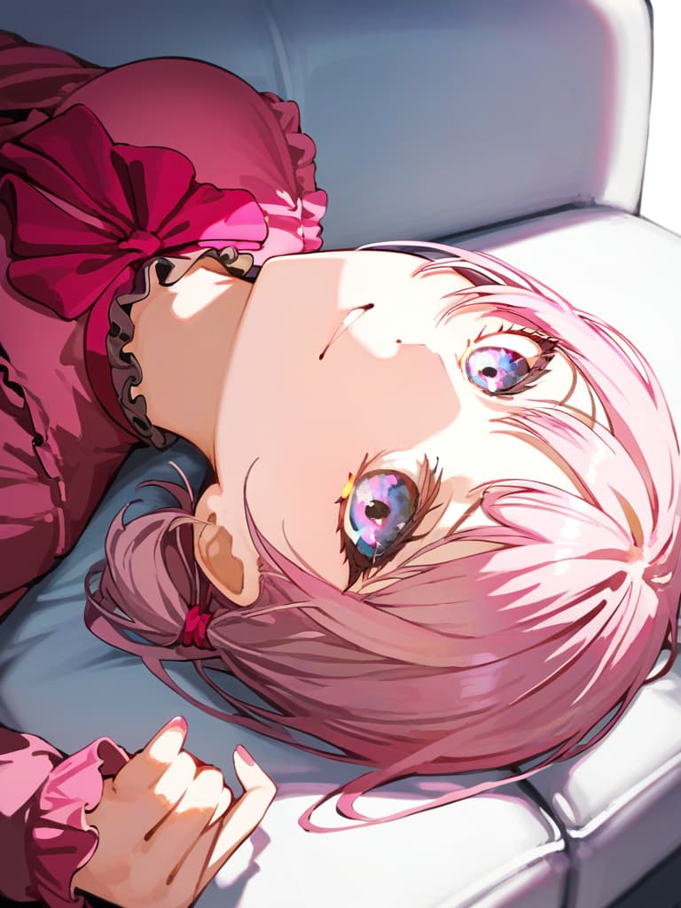  ultra detailed:1.2,masterpiece:1.2,best quality,masterpiece,bestquality,hdr:1.1,8k:1.1,very cute girl:1.3,(pink color,long sleeve frill dress,pants set:1.6),(lying on side:1.4),smile:1.4 ,(blonde hair,twintail,drill hair:1.3) ,(on the couch:1.7),upper body:1.3,dutch angel:1.5,close mouth,(upside down:1.7)(from above:1.1)((eyes highlight:1.1))