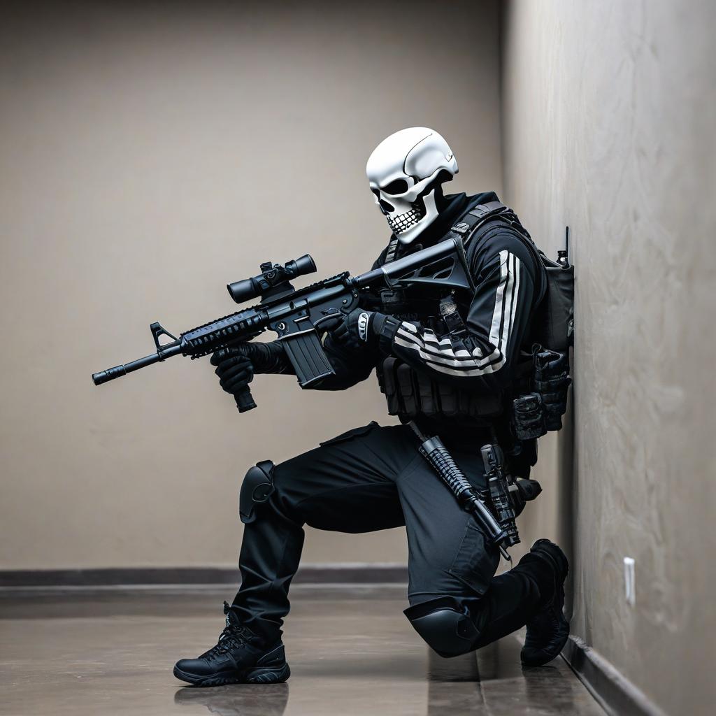  extremely realistic skeleton doing cqb in a corner fed room whit an ar 15