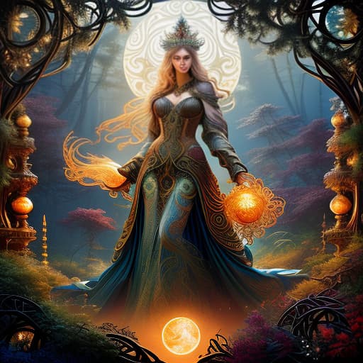  a masterpiece of oil painting. an unreal, book cover, fantasy forest, sun and moon, fantasy creatures, wolf silhouette. with intricate ornaments in the celtic and slavic style. complex ornamental crown. mystical, with unusual neon patterns, lines, whimsical. with mystical rnamental lines of aura magic. thin threads of radiant light. magnificent, picturesque, mysterious, magical. vivid shimmers of color, ornate, dynamic, fantasy design, breathtaking visuals. stylistics: intricate zentangle patterns in the manner of fragonard, alphonse mucha, van gogh, andrewjones. hyperrealistic, full body, detailed clothing, highly detailed, cinematic lighting, stunningly beautiful, intricate, sharp focus, f/1. 8, 85mm, (centered image composition), (professionally color graded), ((bright soft diffused light)), volumetric fog, trending on instagram, trending on tumblr, HDR 4K, 8K