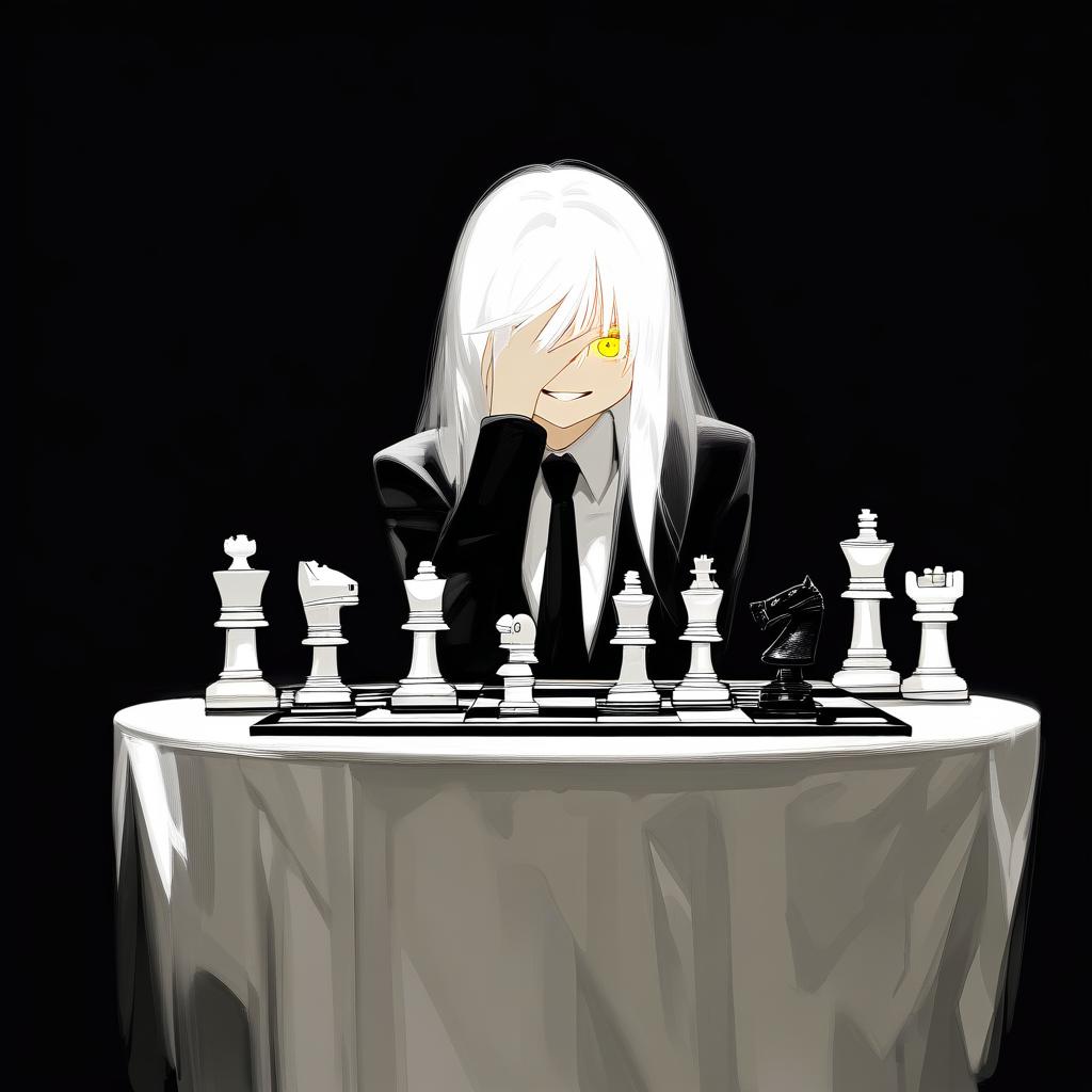  long white hair anime woman with shadows completely concealing face with the exception of evil empty white teeth smile on her face and only a hardly visible singular yellow eye, leaning on one hand with arrogance,jet black suit, black tie, sitting in front of a table with a chess set on it, no visible facial features due to blackness covering face full of shadows on face . best quality, high resolution