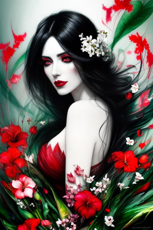  Cascading flowers, black hair, tropical green plants, Shades of red, a beautiful dancing woman melting into thousand reds, pale skin, inspired by Agnes Cecile and Sabbas Apterus and Alyssa Monks, very detailed and elaborate, hyper realistic : 1 | Deformed, simplistic, bland, ugly, deformed hands, low quality, too many fingers, flowers, plants, watermark, comic, animation, cartoon, multiple hands, objects by face, bad proportions, : 1, Vector art, Vivid colors, Clean lines, Sharp edges, Minimalist, Precise geometry, Simplistic, Smooth curves, Bold outlines, Crisp shapes, Flat colors, Illustration art piece, High contrast shadows, Technical illustration, Graphic design, Vector graphics, High contrast, Precision artwork, Linear compositio hyperrealistic, full body, detailed clothing, highly detailed, cinematic lighting, stunningly beautiful, intricate, sharp focus, f/1. 8, 85mm, (centered image composition), (professionally color graded), ((bright soft diffused light)), volumetric fog, trending on instagram, trending on tumblr, HDR 4K, 8K