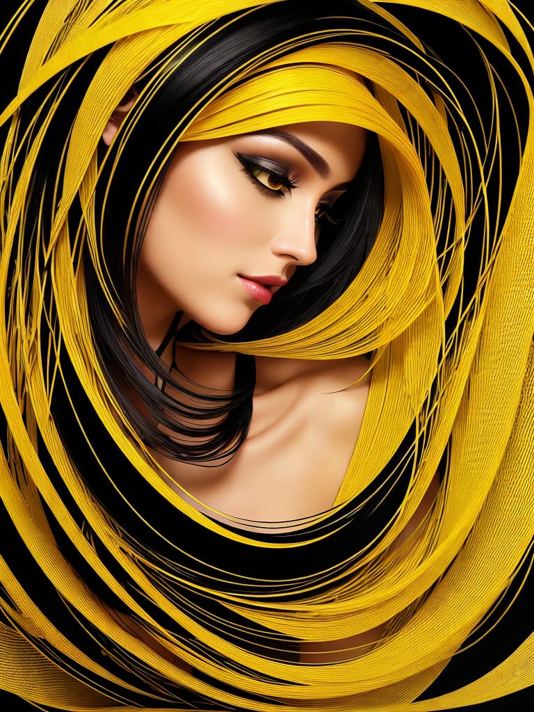  Golden yellow and sleek black color palette, captivating and inviting expression, exuding elegance and charm, magnetic beauty, intricate details, high contrast, luxurious feel, digital art, female, glossy finish, striking composition, dynamic lighting to enhance features.