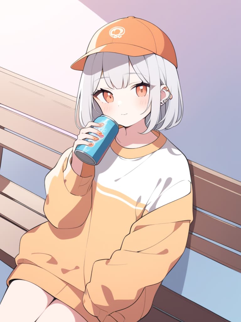  "a modern and stylish illustration of a girl sitting casually on a bench. she has long,silver hair,and is wearing an oversized sweatshirt with baggy pants.she is holding a can of soda in one hand and wearing an orange baseball cap that matches the accent colors of the background. the background is simple,with soft blue and orange tones,giving the image a warm and slightly retro vibe. the character has a calm,cool expression and some ear piercings,which add to her laid back,street style aesthetic. the art style is clean with bold outlines,and the colors are slightly muted,creating a soft and pleasing visual effect."