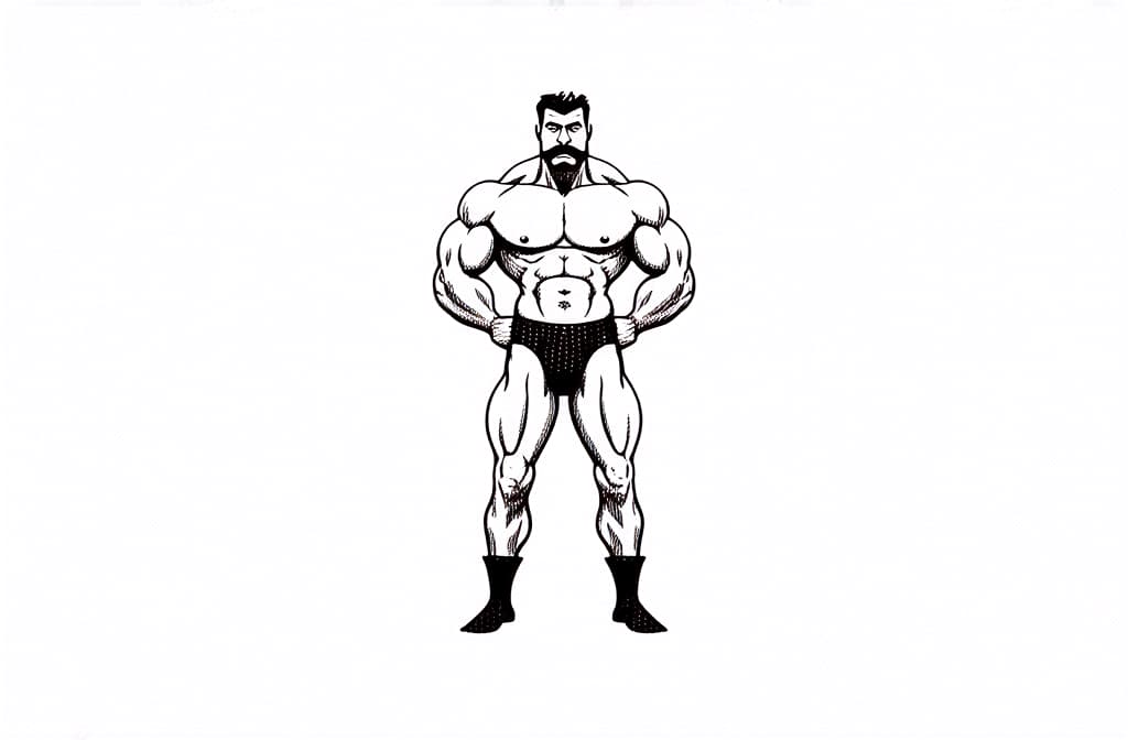  contour, very simple image in one unbroken black ink line, single line of vintage strongman with moustache, engraving illustration, icon isolated on white background ar 3:2 using a single continuous black line ink brushon white background, drawing should be created without lifting the pen, recognizable features of vintage strongman with moustache, engraving illustration, icon isolated on white background ar 3:2 in one unbroken line