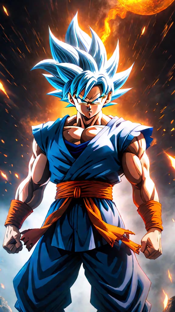  anime art of goku from dragon ball in his 'ultra instinct god' form, with glowing silver and red hair, and crackling aura of overwhelming energy. hyperrealistic, full body, detailed clothing, highly detailed, cinematic lighting, stunningly beautiful, intricate, sharp focus, f/1. 8, 85mm, (centered image composition), (professionally color graded), ((bright soft diffused light)), volumetric fog, trending on instagram, trending on tumblr, HDR 4K, 8K