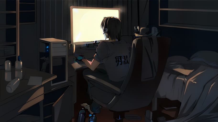  A boy sits in front of the monitor at night., Sketch, Manga Sketch, Pencil drawing, Black and White, Manga, Manga style, Low detail, Line art, vector art, Monochromatic, by katsuhiro otomo and masamune shirow and studio ghilibi and yukito kishiro hyperrealistic, full body, detailed clothing, highly detailed, cinematic lighting, stunningly beautiful, intricate, sharp focus, f/1. 8, 85mm, (centered image composition), (professionally color graded), ((bright soft diffused light)), volumetric fog, trending on instagram, trending on tumblr, HDR 4K, 8K