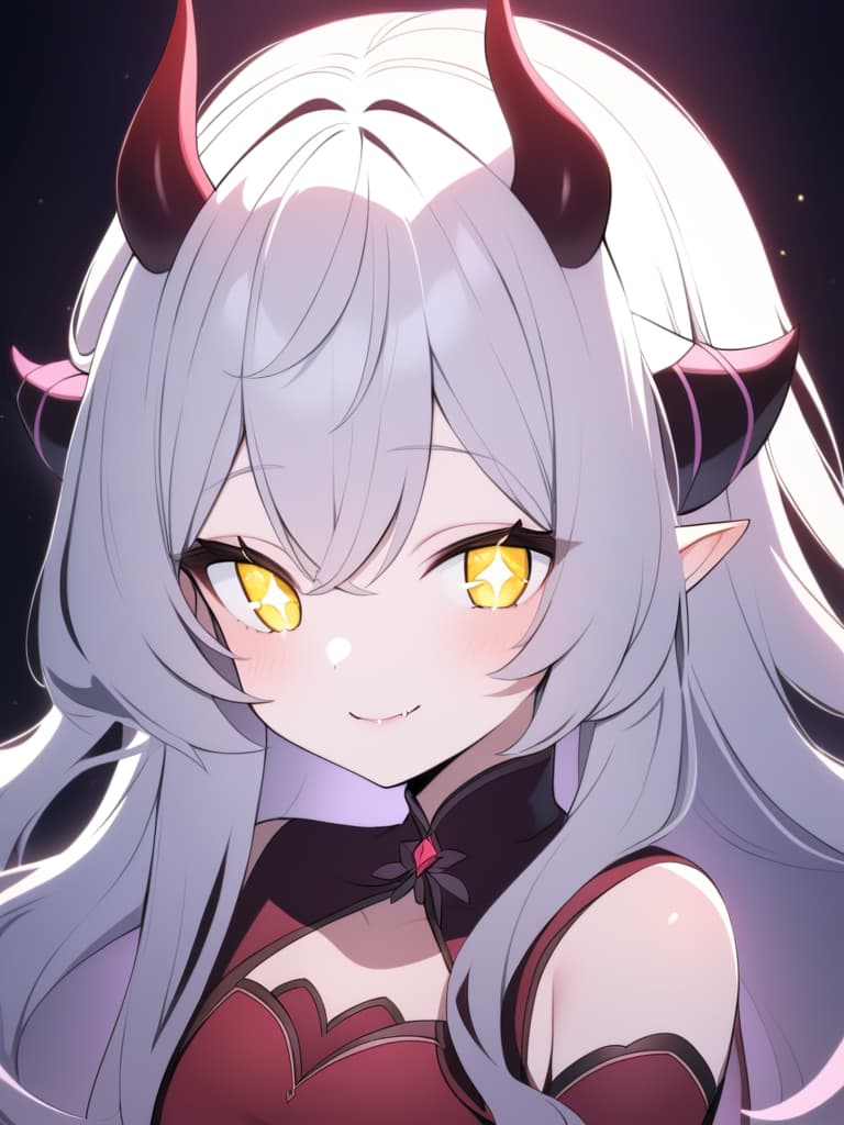  a devilishly cute,close up shot of a mischievous,small devil with big,sparkling eyes that catch the light dramatically. her face is framed by soft,silky hair,with small,pointed devil horns king out from the top of her head. her expression is and ,with a sly,mischievous grin that shows off her small fangs. her cheeks are slightly flushed,adding to her irresistible charm. the lighting enhances the glossy details of her eyes,lips,and skin,making her appear both otherworldly and incredibly adorable.the image is rendered in ultra high resolution,capturing every fine detail,from the texture of her skin to the shimmer in her eyes. the background is blurred to keep the focus entirely on her enchanting,devilish face.