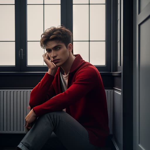  a red flawed boy sitting in the corner of the house hyperrealistic, full body, detailed clothing, highly detailed, cinematic lighting, stunningly beautiful, intricate, sharp focus, f/1. 8, 85mm, (centered image composition), (professionally color graded), ((bright soft diffused light)), volumetric fog, trending on instagram, trending on tumblr, HDR 4K, 8K