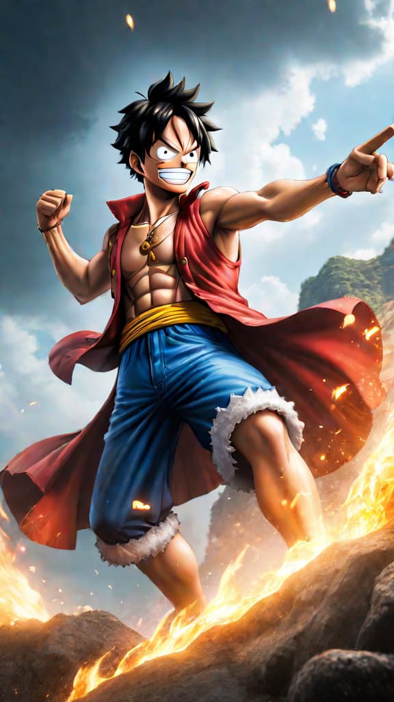  an anime art showing luffy from one piece landing the finishing blow, symbolizing destiny and a new era. hyperrealistic, full body, detailed clothing, highly detailed, cinematic lighting, stunningly beautiful, intricate, sharp focus, f/1. 8, 85mm, (centered image composition), (professionally color graded), ((bright soft diffused light)), volumetric fog, trending on instagram, trending on tumblr, HDR 4K, 8K