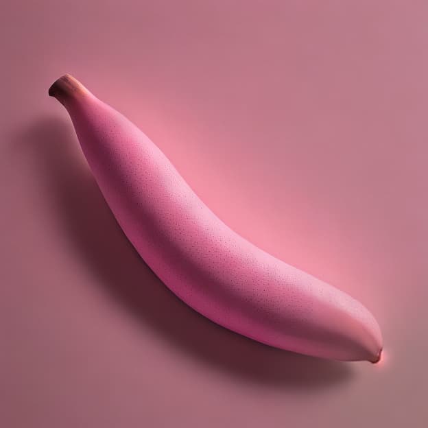  a highly detailed, realistic depiction of a pink banana, with smooth texture and vibrant color gradients. the banana should be positioned against a softly blurred, natural background that complements its unique hue. the lighting should highlight the banana's curves and give it a glossy finish, emphasizing its surreal yet appealing appearance. include intricate details like subtle speckles on the surface and a slight reflection to enhance realism.