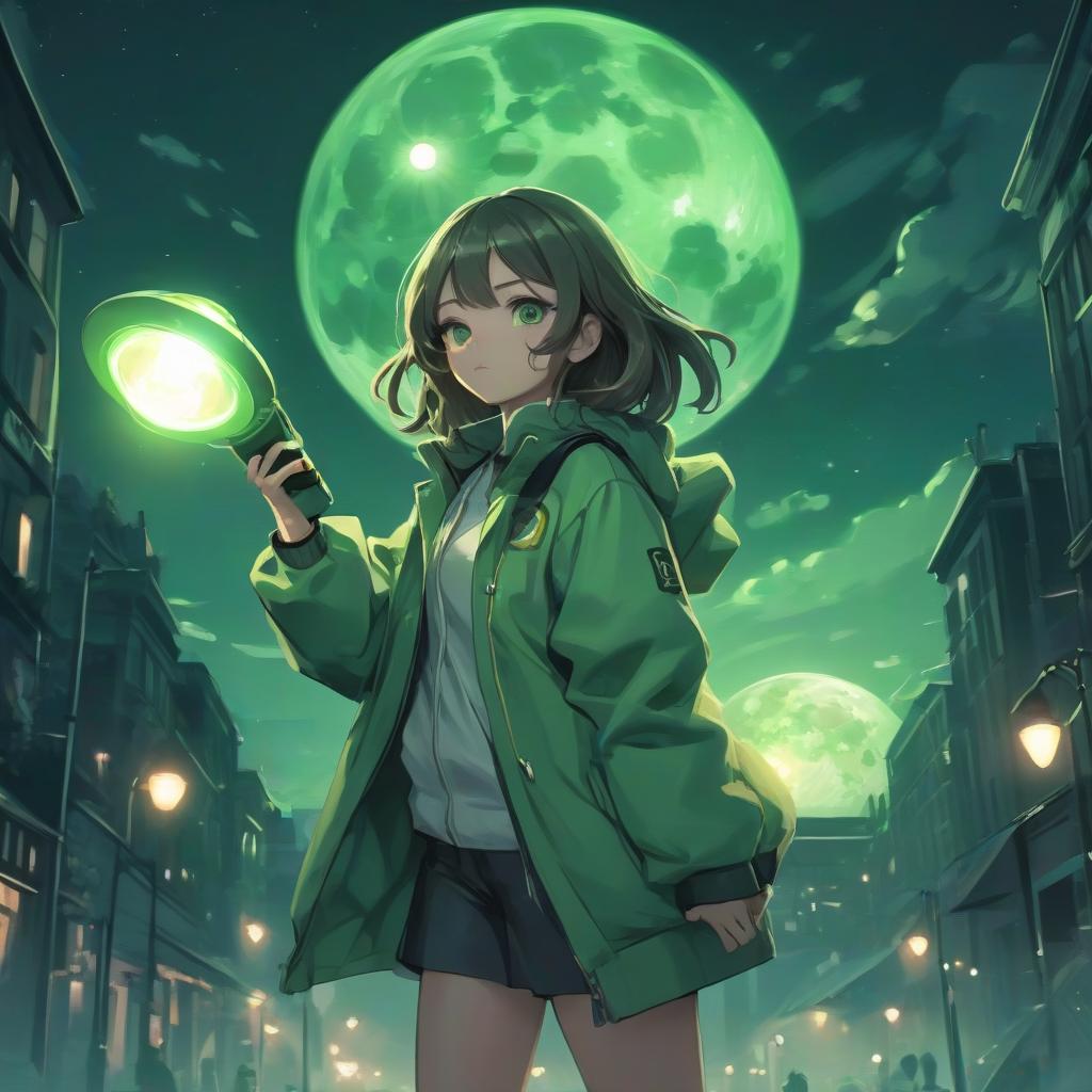  girl in anime style with a flashlight in her hands in a green jacket, green color, street, night, bright lantern, flying saucer in the sky, full moon