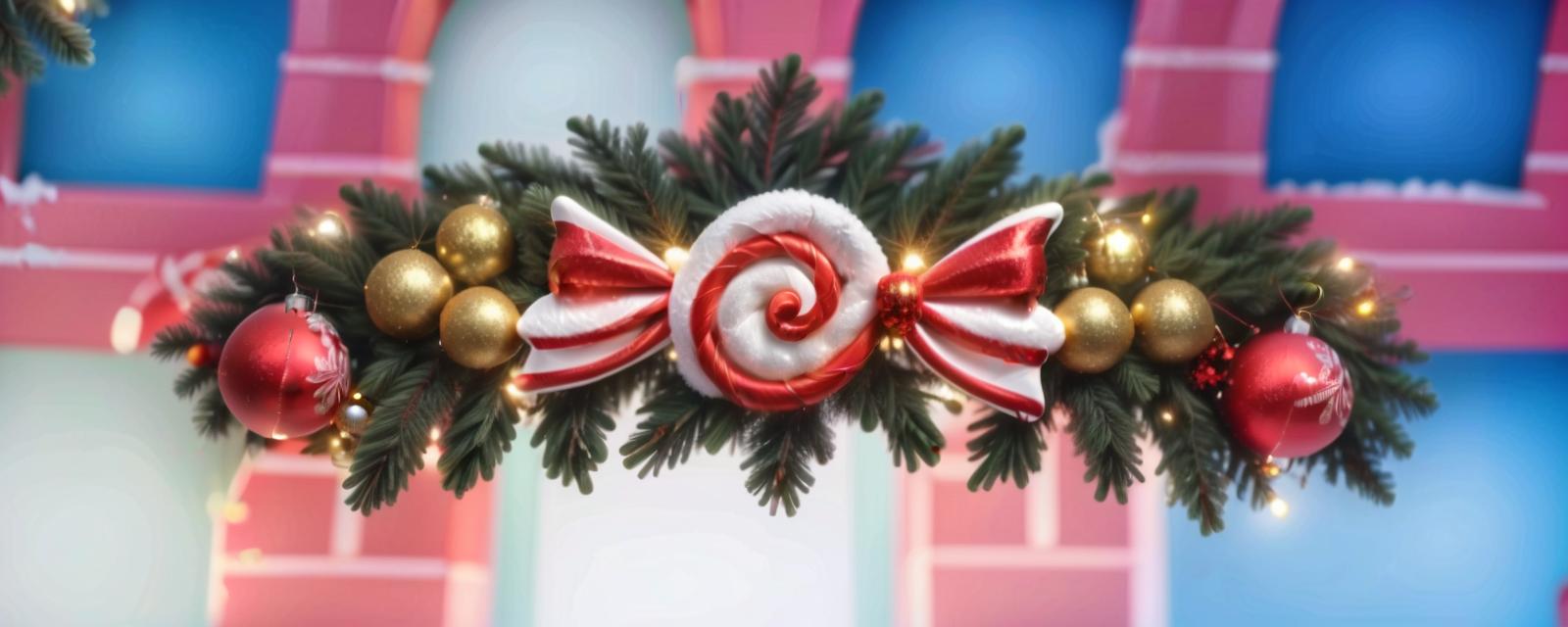  breathtaking an arch made up of candy canes and ornaments, christmas garland with decoration, pine needle and snow on it . award winning, professional, highly detailed, civitai