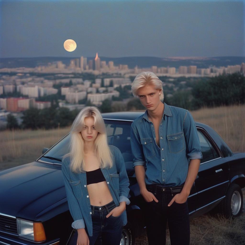  analog film photo a platinum blonde girl takes pictures on a polaroid in a black shirt and stands next to a blonde guy in a denim shirt, standing by a black car, a view from a hill, in the background the city, the time of dusk, a full light moon, the style of the 80 90s. . faded film, desaturated, 35mm photo, grainy, vignette, vintage, kodachrome, lomography, stained, highly detailed, found footage