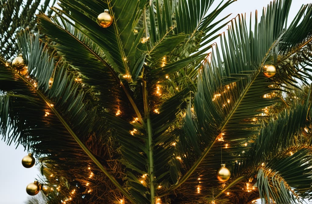  professional detailed photography, exotic tropical christmas concept: palm trees close up with light garlands and golden baubles ar 3:2, (muted colors, dim colors, soothing tones), (vsco:0.3)