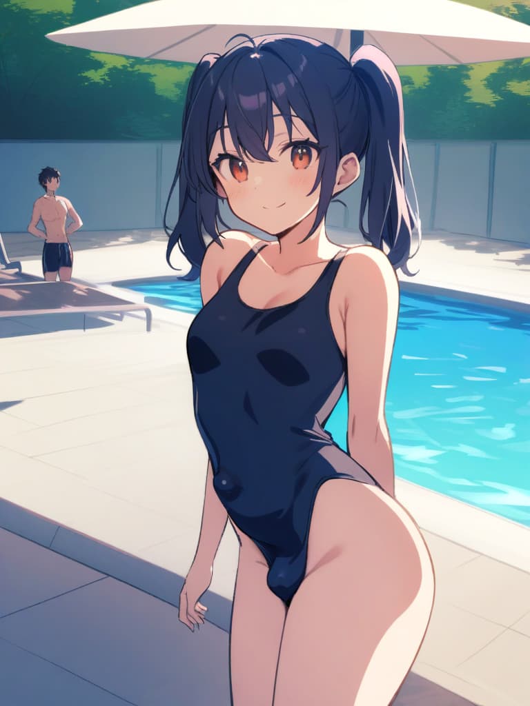  women's elementary students (with male), twin tails, cute smiles, rich s, low stature, dark blue swimwear, old swimwear, , simple, , area,, and, male (bulge), front, whole body, pool side ,,,