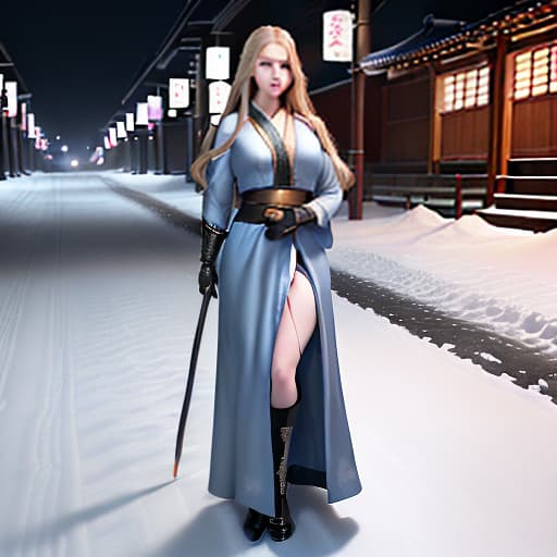  a girl with long dark blond hair, blue eyes, fluffy eyelashes, plump lips, stands full length in the middle of the street in seoul at night, she has a katana in her hands, winter and snow on the street, photorealistic, hyperrealistic, hyperdetailed, analog style, demure, detailed skin, pores, smirk, smiling eyes, matte skin, soft lighting, subsurface scattering, realistic, heavy shadow, masterpiece, best quality, ultra realistic, 8k, golden ratio, intricate, high detail, film photography, soft focus