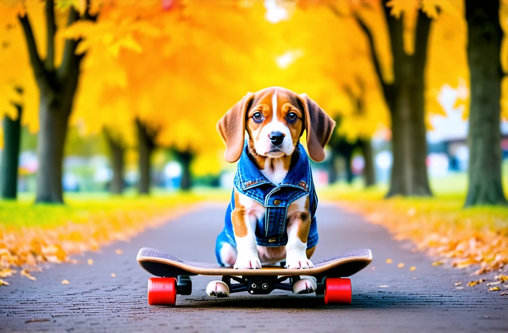  a beagle puppy stands on a skateboard on a paved path in an autumn park in a denim vest {prompt}, maximum details