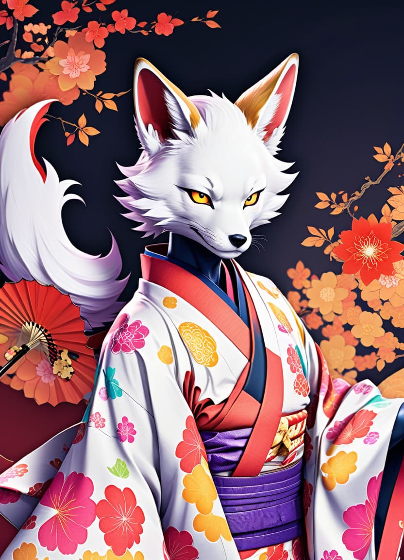  anime artwork make me a kitsune man dressed in a kimono . anime style, key visual, vibrant, studio anime, highly detailed