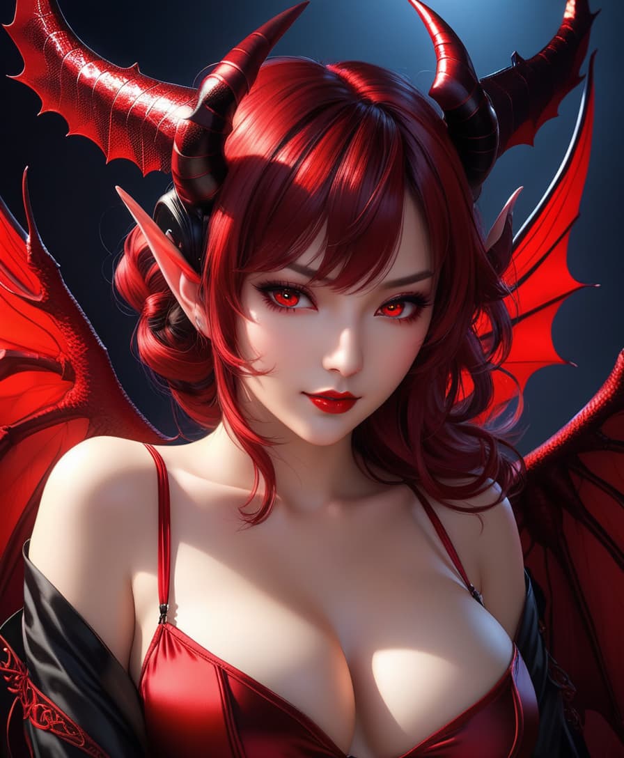  hyperrealistic art attractive anime girl succubus with small wings, disheveled hairstyle color luminescent red, sensually opened lips, in black satin gloves, bikinis and stockings (lies on his back), . extremely high resolution details, photographic, realism pushed to extreme, fine texture, incredibly lifelike