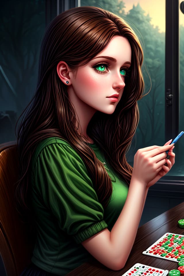  girl playing bingo. brunette, green eyes, tall, sad, cyril rolando, hq, hightly detailed, 4k