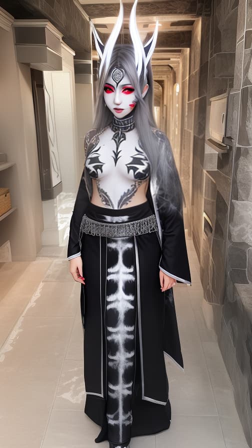  White and Blark flame pattern body paint in every corner of the whole body, grey body paint full body, grey face paint on the face, dark elf, full body image female