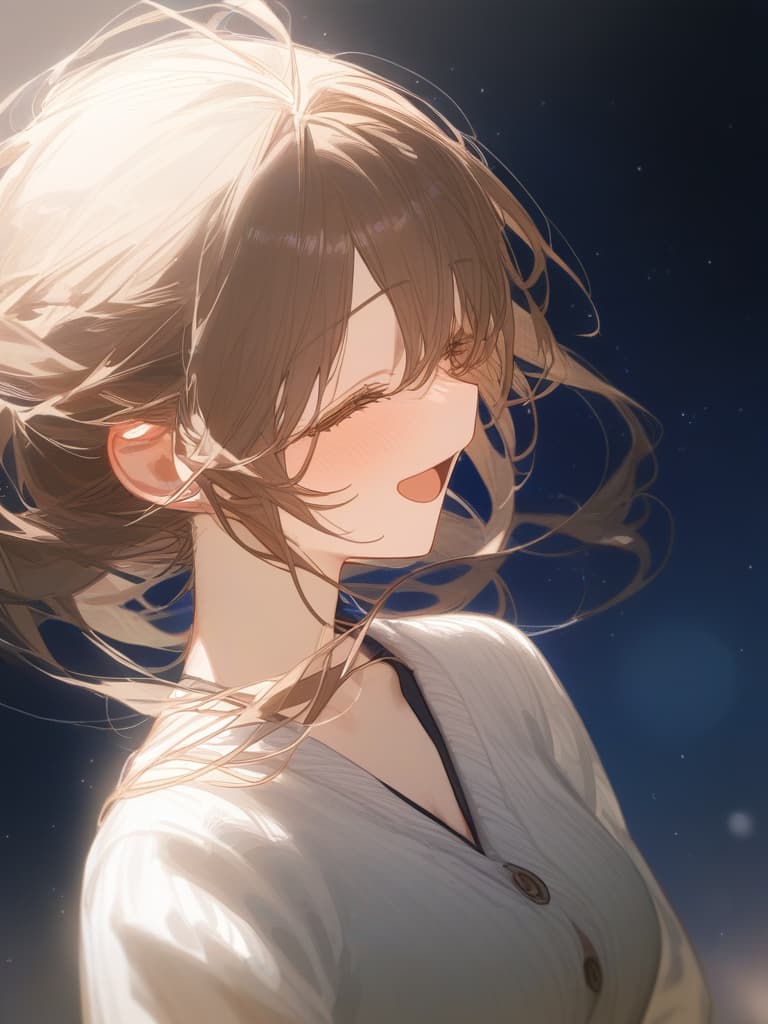  a girl laughing at me, bright brown hair, long hair, transparent ephemeral, black sleeveless dress, white cardigan, whole body facing in front, laughing, laughing, starry sky under the whole body, facing here, masterpiece, best quality,8k,ultra detailed,high resolution,an extremely delicate and beautiful,hyper detail