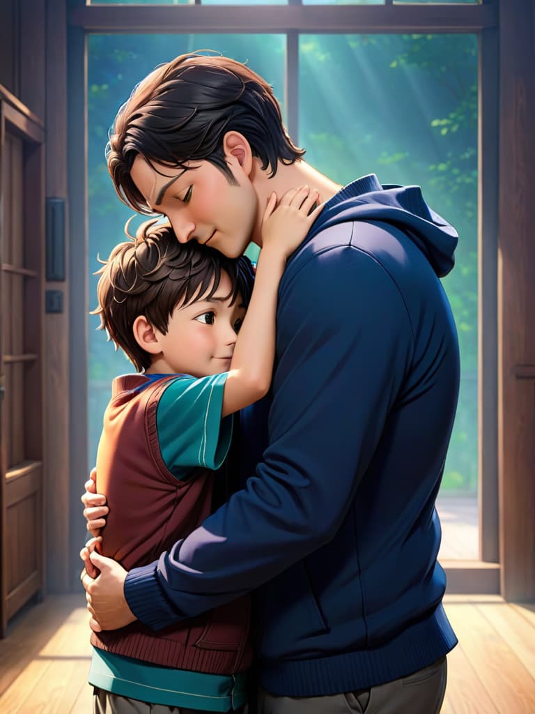  father and son, hug together, happy moment, anime artwork, anime style, key visual, vibrant, studio anime, highly detailed