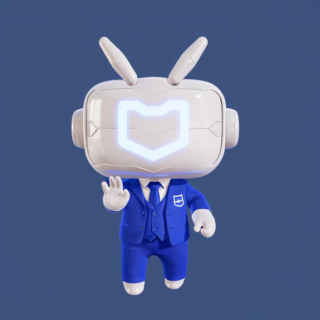  anxiaozhi,a cute white robot with white mask wears a blue formal wear，and blue pants,gestures prohibited.