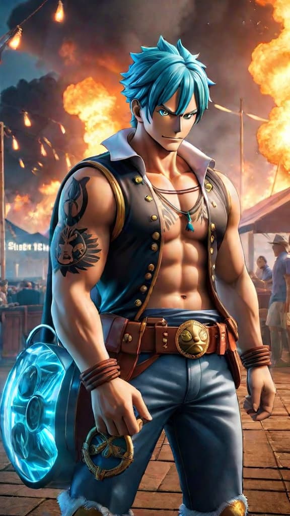  create an anime art of franky from one piece burning the blueprints of pluton to protect the world. hyperrealistic, full body, detailed clothing, highly detailed, cinematic lighting, stunningly beautiful, intricate, sharp focus, f/1. 8, 85mm, (centered image composition), (professionally color graded), ((bright soft diffused light)), volumetric fog, trending on instagram, trending on tumblr, HDR 4K, 8K