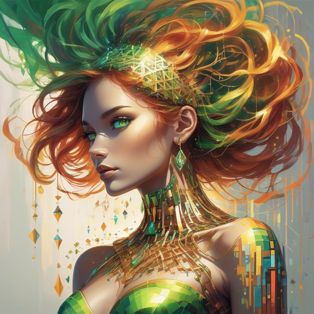  concept art a woman with vibrant multicolored hair and a bejeweled headband, with striking green eyes and gold earrings. high quality, 8k ultra hd, imagine a vibrant canvas illuminated by a cascade of colorful binary code, forming the silhouette of a captivating brown wavy flowy hair woman, the dynamic lines and patterns, reminiscent of a digital dance, weave together to create a harmonious fusion of technology and art, the binary code, in hues ranging from electric blues to radiant reds and vivid greens, breathes life into the woman's form, her silhouette emerges as a synthesis of the digital and the organic, a testament to the seamless integration of technology and beauty in your masterful creation, high detailed, she is standing infront