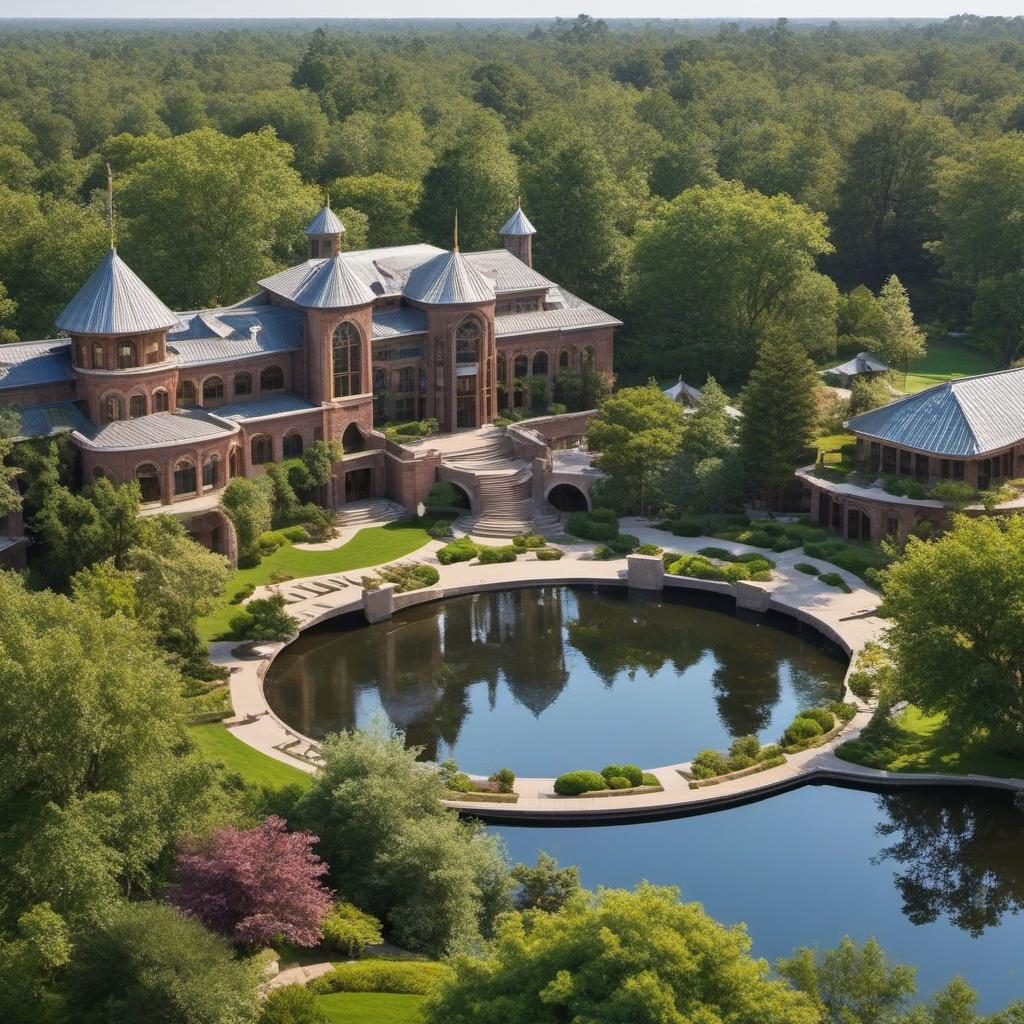  ideal high school exterior aerial over a treehouse and ponds, grand entrance, big arches and windows, mystical style