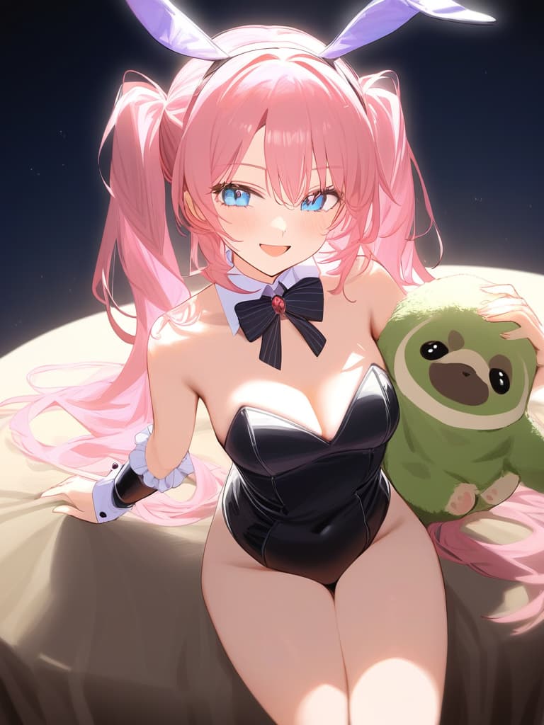  masterpiece,one ,delicate pink hair color,(twin tail hairstyle),(wearing black bunny ears catsuit),delicate blue eye color,smiling,{{{wearing play bunnyuniform:black leotard,black ,bowtie,wrist cuffs}}},blake！(((acute sloth on :1.3))),(((holding sloth:1.2))),sitting on plush sofa,(table in foreground,gorgeous parfait on table),high quality,16k