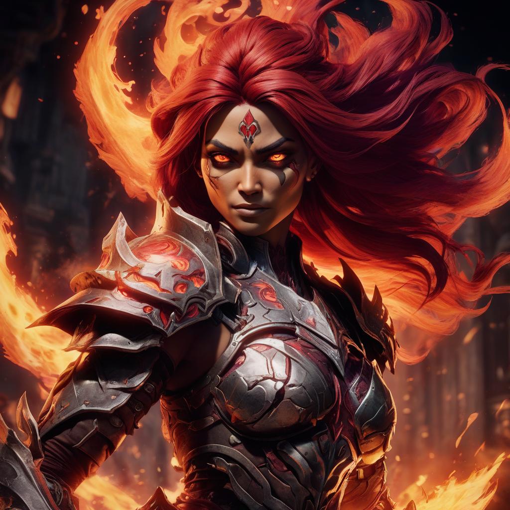  rage, all beautiful in armor, with a fiery head like in darksiders 3, fights lust, high quality