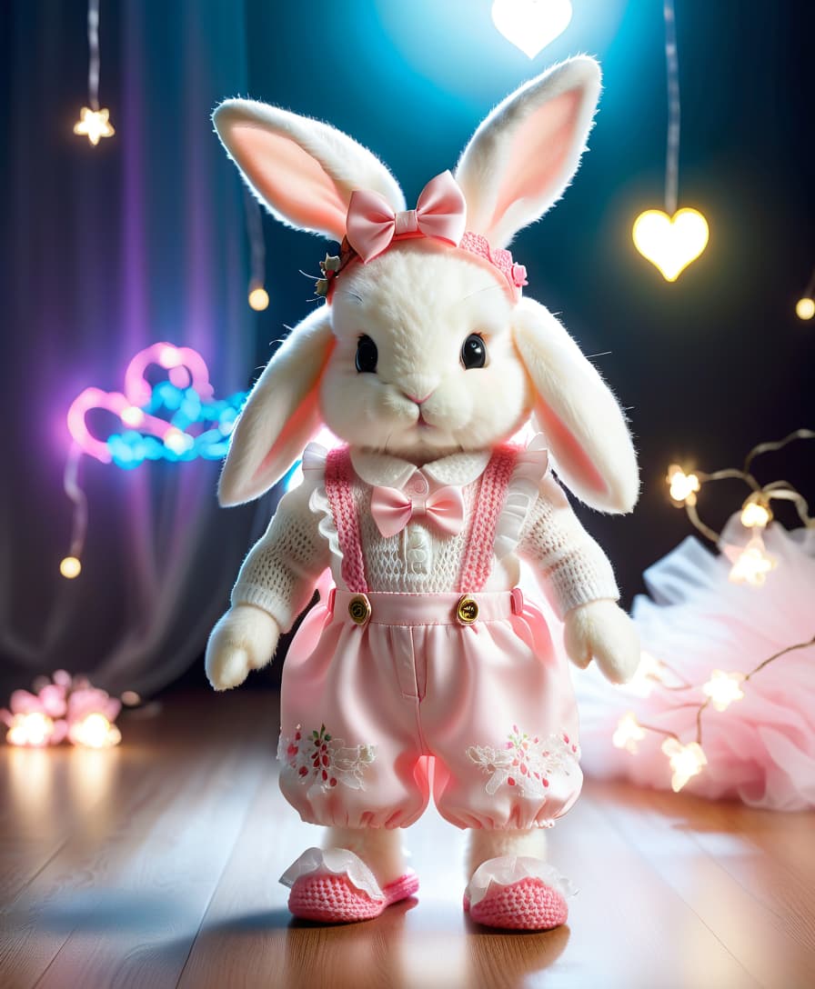  long exposure photo of a very cute white and pink fluffy bunny, cute cute, with long floppy and fluffy ears, with a fashionable elegant crochet headband with a bow, and decorations, standing on two legs, in a crocheted white and pink jumpsuit with ruffles, tulle ruffles, with draperies, with ruffled tulle, with a bow, a peplum, very detailed, dressed in beautiful crocheted shoes with a bow, flying fireflies and neon hearts, glare of light, radiance, fabulously beautiful, tenderness, love, aesthetics, professional photo, realism, high resolution, high detail , iso 100, f/2.8, 4k, 1/250 s, 30mm lens, bright light . blurred motion, streaks of light, surreal, dreamy, ghosting effect, highly detailed, sticker, film photography style hyperrealistic, full body, detailed clothing, highly detailed, cinematic lighting, stunningly beautiful, intricate, sharp focus, f/1. 8, 85mm, (centered image composition), (professionally color graded), ((bright soft diffused light)), volumetric fog, trending on instagram, trending on tumblr, HDR 4K, 8K