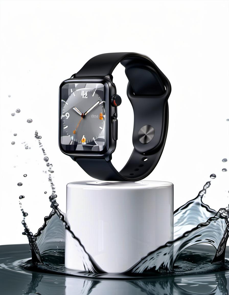  smart watch on a white stand for demonstration, around a splash of water, white background, reflection of the clock in water, film photography style