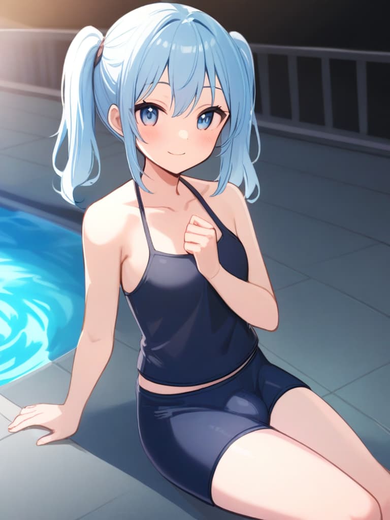  women's elementary students (male), twin tails, cute smiles, (rich s), low stature, dark blue swimwear, old swimwear, , simple (upward), male , (bulge), shaped clear , front , whole body, pool side,