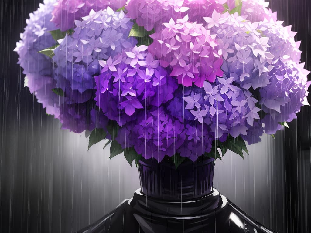  background of monochrome, rainy city, purple hydrangea, realistic, clear purple