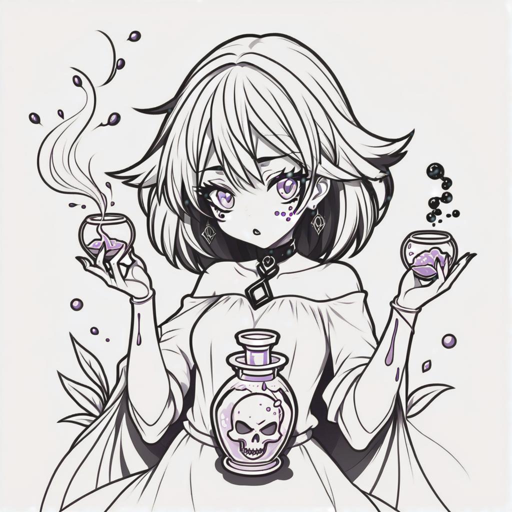  line art drawing poison girl with potion, same nightmare. anime style . professional, sleek, modern, minimalist, graphic, line art, vector graphics