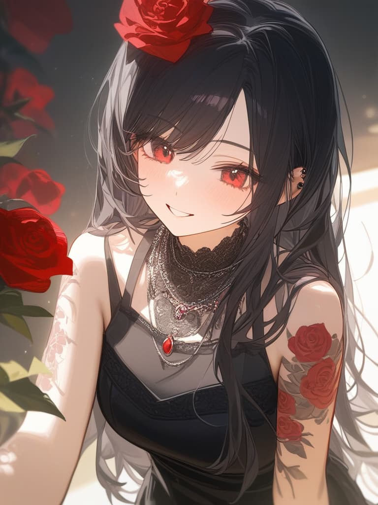  long hair, black hair, hair tips are pink, red eyes, hanging, bangs, and length of bangs, smiles, adults, adult faces, piercings, necklaces, black lace clothes, red rose tattou on arms in contained, thin makeup, rose tattoo on the arm, pink and black hair, masterpiece, best quality,8k,ultra detailed,high resolution,an extremely delicate and beautiful,hyper detail