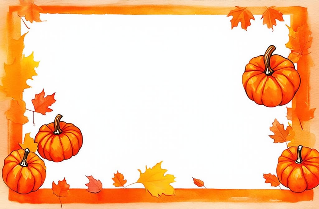  artwork orange frame with free place for text made from lot of orange pumpkins, falling autumn leaves on a white background ar 3:2, watercolor techniques, featuring fluid colors, subtle gradients, transparency associated with watercolor art