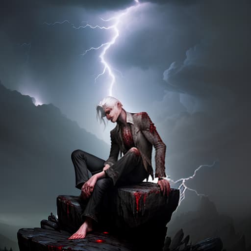  a young man with white hair and barefoot sits on a rock amid lightning, dark , creepy , blood , monsters , by jason engle , carlos huante , charlie bowater , simon lee , brom