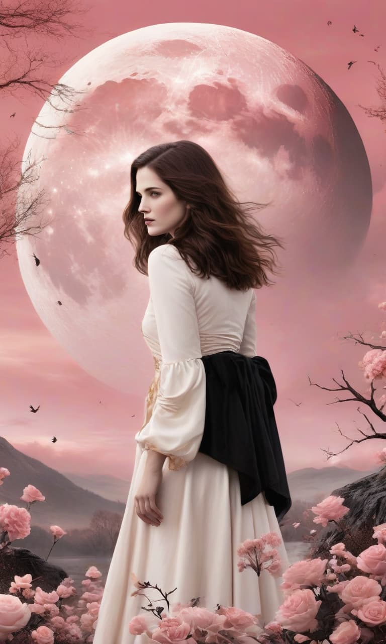  concept art pink, gold, black, white against the backdrop of a huge moon of bella swan . digital artwork, illustrative, painterly, matte painting, highly detailed, perfect hands