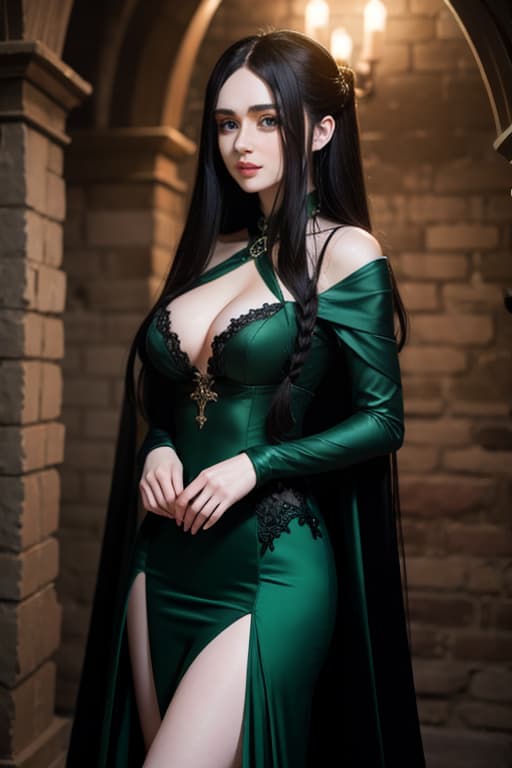  Sabrina Carpenter long hair (pale skin) ((black hair)) ((green eyes)) (cleavage) vintage gown in a dungeon