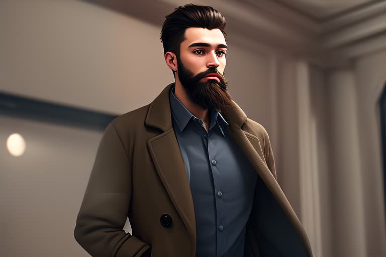  a young man in a coat and shirt, with a neat beard