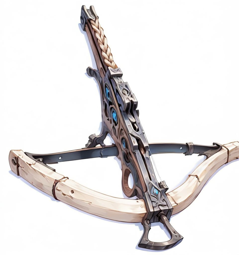  anime artwork crossbow , white wood, bone arm, rope, reaload arm . anime style, key visual, vibrant, studio anime, highly detailed, on parchment