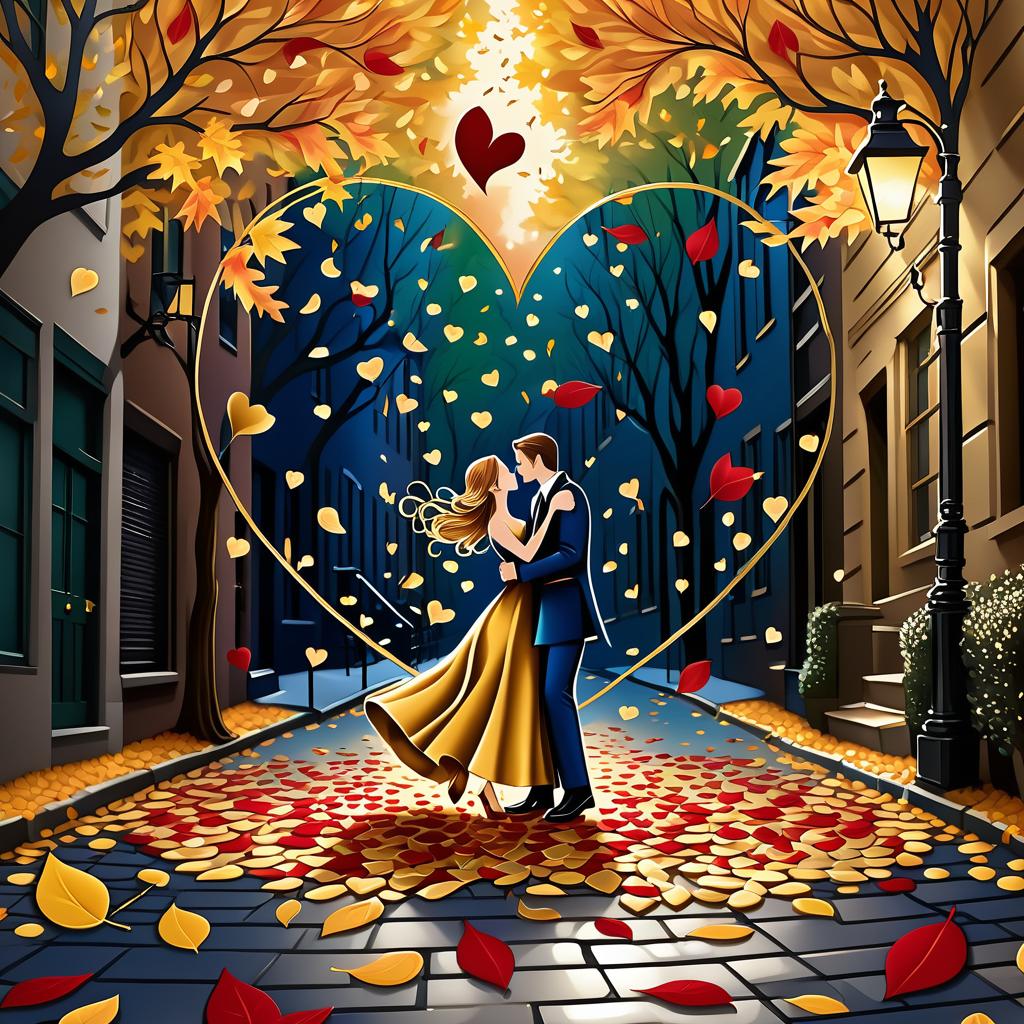  luxury product style on a carpet of yellow leaves in a simple dress of wind given crepe autumn danced a waltz boston in an alleyway. the warm day flew away and the saxophone sang hoarsely. (background of the card): falling autumn leaves, a whirlwind of autumn leaves, wind saxophone, a box of chocolates, the inscription "autumn waltz", a greeting card. (heart), a beautiful figure made of contours in the shape of a heart. (heart colour): night sky background, stars, gold pattern. (style):fantasy, autumn art, autumn romance. (colours):gold, green gold, navy blue, red, red gold, brown gold, silver, golden blue, bluish blue, dark blue on gold . elegant, sophisticated, high end, luxurious, professional, highly detailed