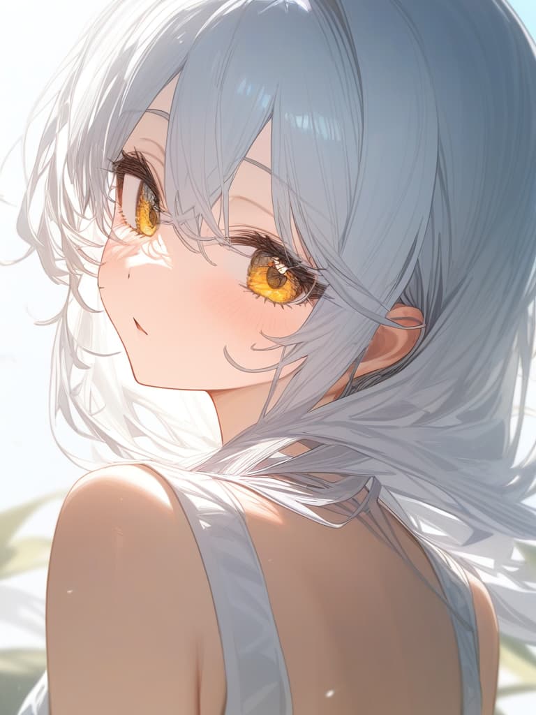  white hair, yellow eyes, summer, masterpiece, best quality,8k,ultra detailed,high resolution,an extremely delicate and beautiful,hyper detail